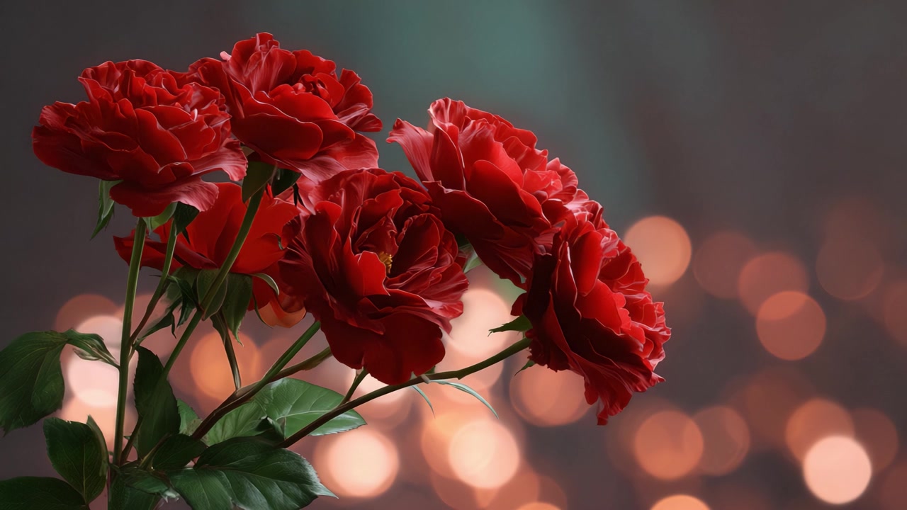 Una exhibición impresionante de rosas rojas vibrantes sobre un fondo suavemente difuminado, que irradia elegancia y belleza que cautiva y deleita los sentidos.