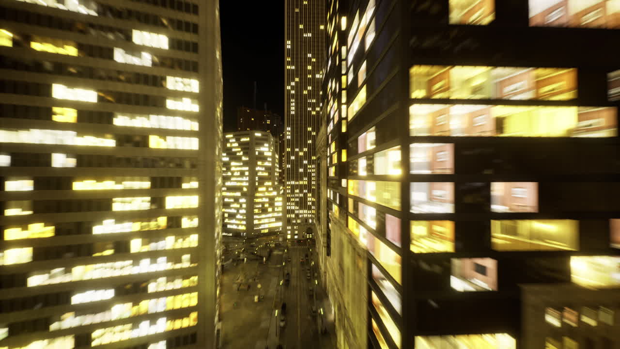 Bright urban skyline filled with illuminated buildings at night in a busy city