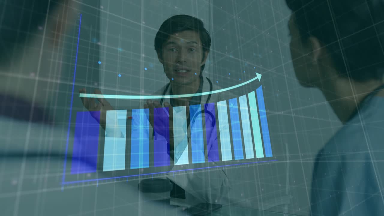 Doctor leading clinical meeting as hologram grid appearing bar chart forming and showing rise