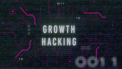 animación de texto de hacking de crecimiento sobre fondo de código binario