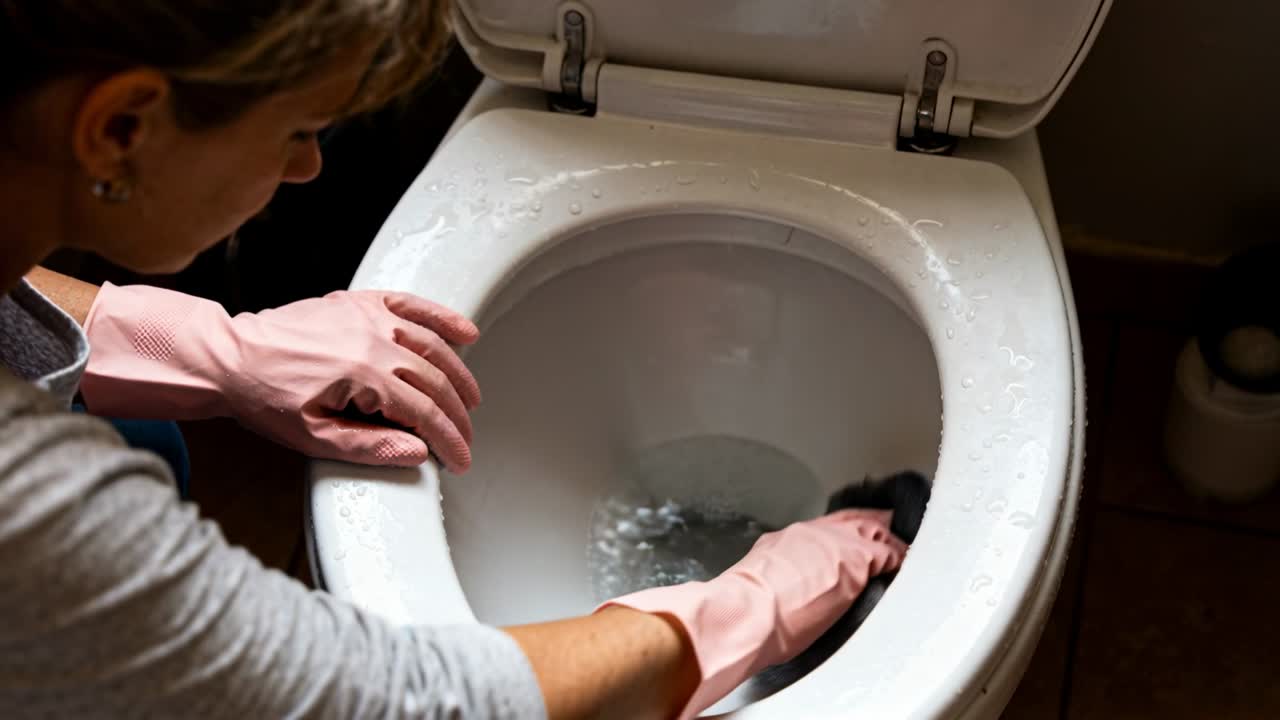 Placing dark brush on rim woman in pink gloves scrubbing toilet bowl cleaning bath, copy space