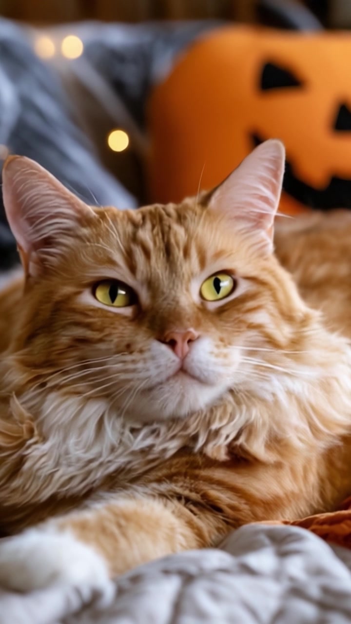 Un gatto accogliente che si rilassa tra le decorazioni autunnali con zucche e tessuti morbidi, catturando l'essenza delle coccole e del comfort autunnale in un ambiente domestico caldo.