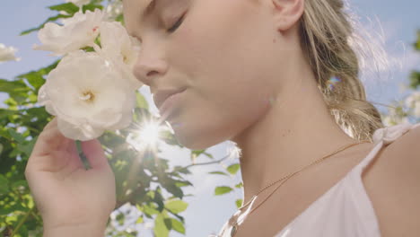 cerca una mujer hermosa oliendo rosas floreciendo en el jardín de rosas disfrutando del olor natural