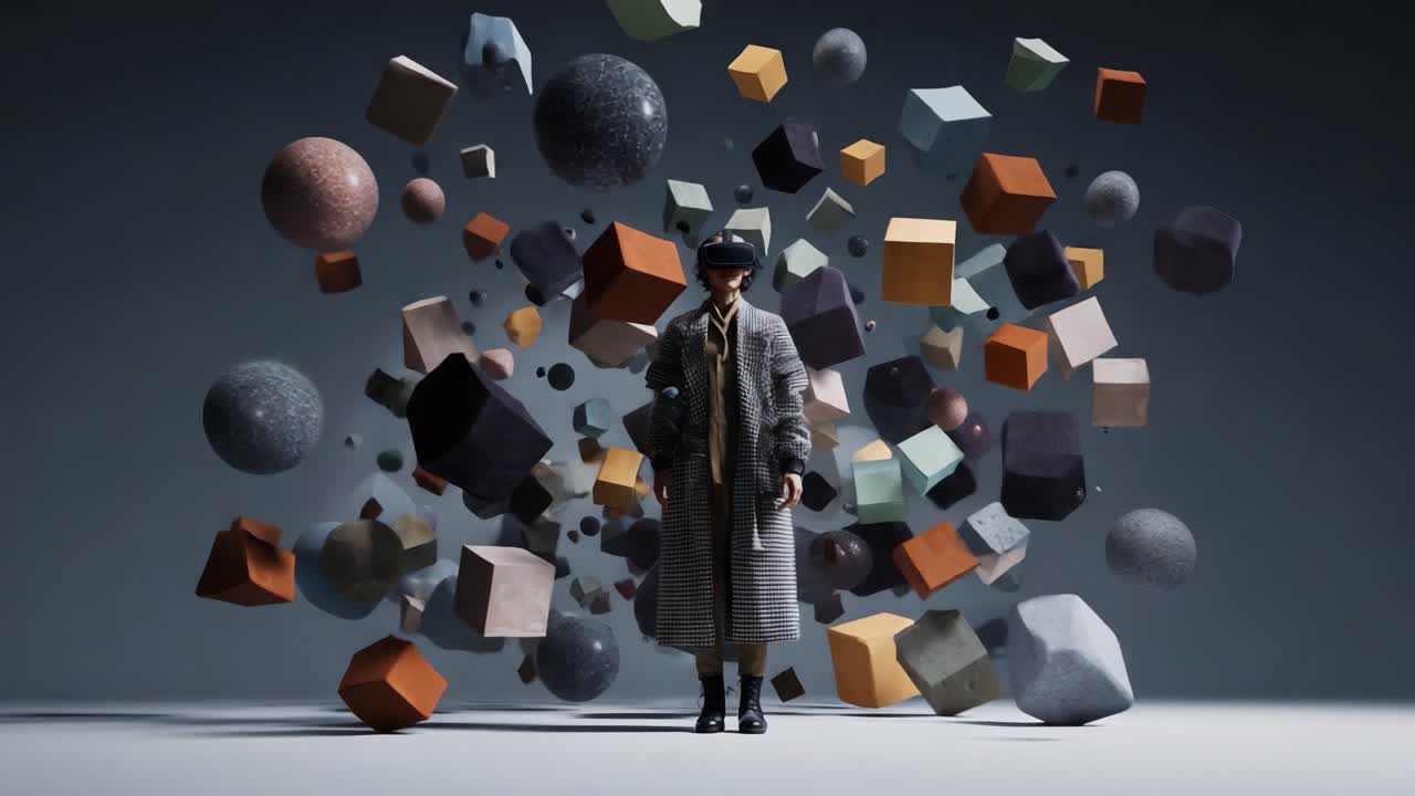 A striking visual composition of a stylish individual standing amidst an explosion of geometrical shapes in various colors and textures, highlighting creativity and modern design