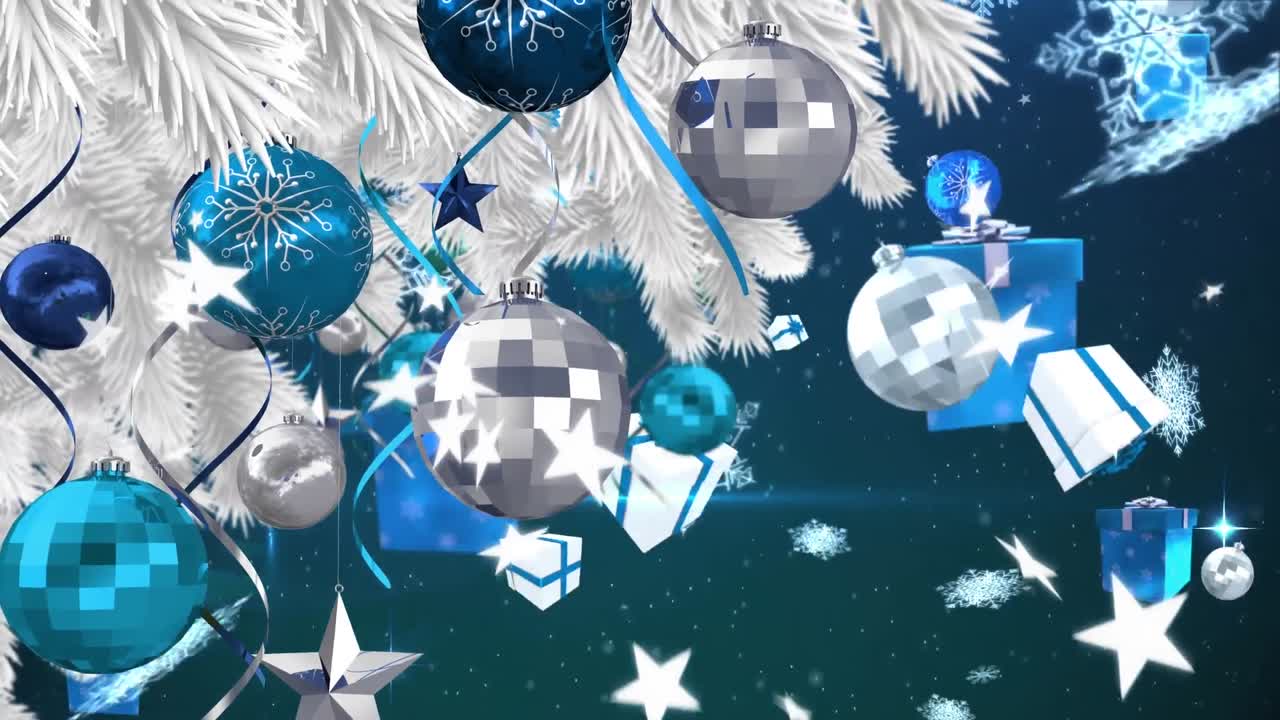 파란색 배경에 보석이 있는 크리스마스 트리의 애니메이션