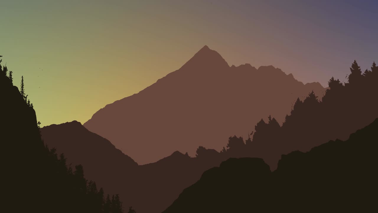 animación de montañas y árboles durante la puesta de sol