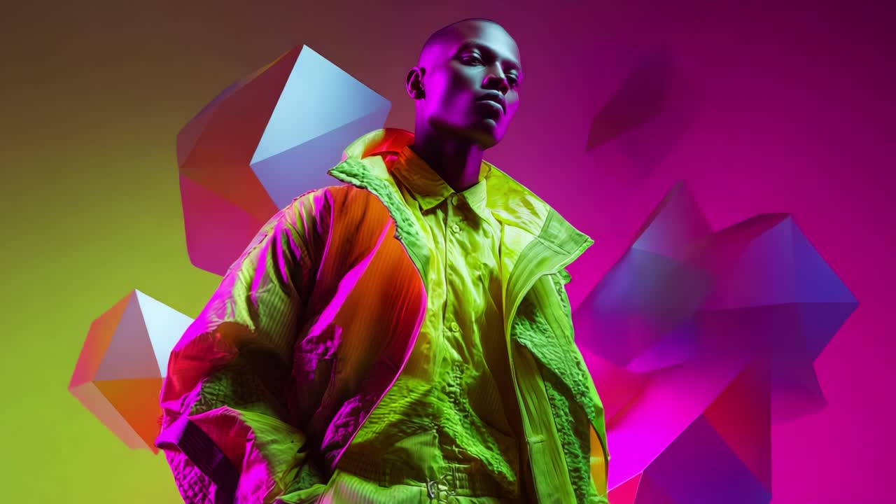 An Artistic Exploration of Vibrant Neon Fashion Featuring a Bold Model in a Striking Jacket Against a Dynamic Abstract Background, Blending Color and Style in a Mesmerizing Visual Display