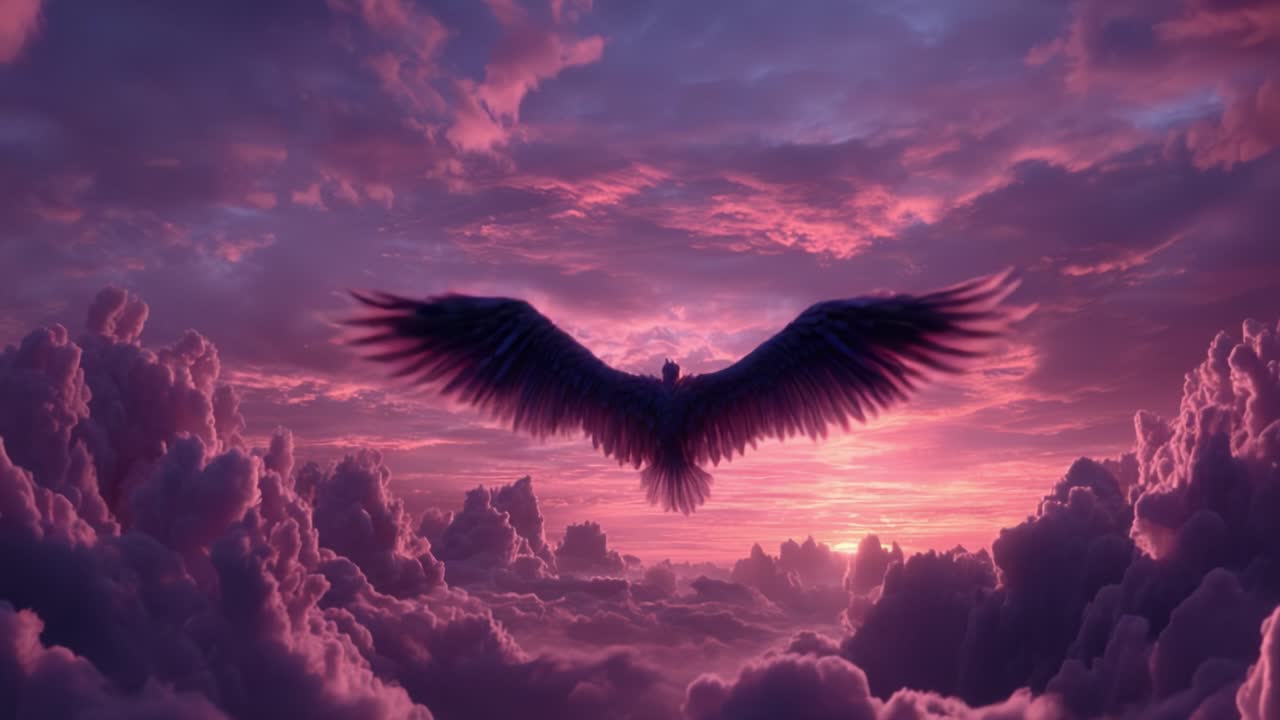 A Majestic Winged Creature Soars Through Fiery Pink and Purple Skies, Gliding Above Ethereal Clouds at Dawn, Capturing the Beauty of Nature's Palette
