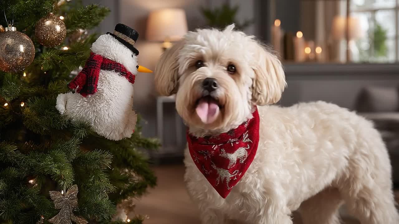 A Charming Dog in a Festive Scarf Interacts with a Snowman Ornament by a Beautifully Decorated Christmas Tree in a Cozy Living Room Setting