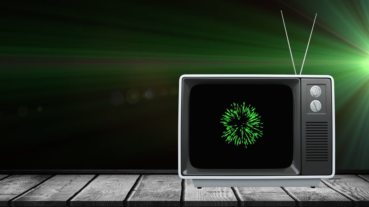녹색 크리스마스와 새해 불꽃놀이가 스크린에서 폭발하는 레트로 tv 세트의 애니메이션