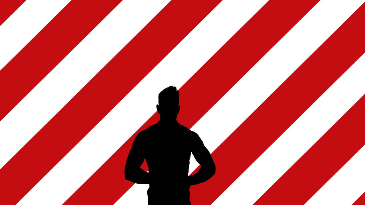 Animation of red and white stripes and human silhouette over virus cells on black background