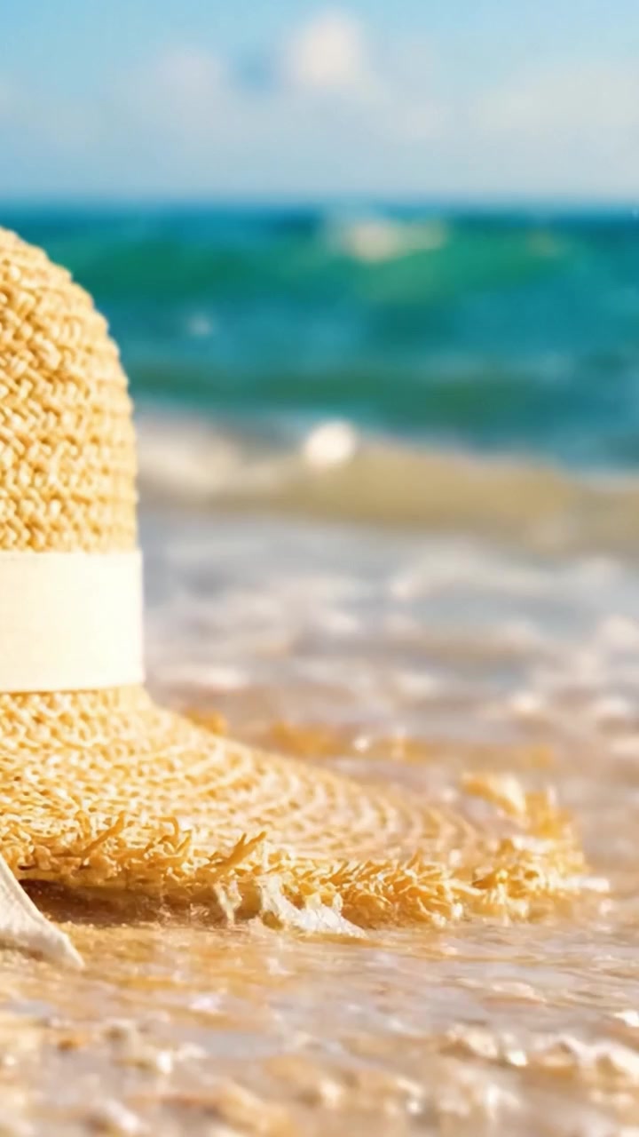 Un Cappello di Paglia Baciato dal Sole che Riposa con Grazia sulla Spiaggia, Catturando l'Essenza di una Giornata Rilassante in Riva al Mare con Acque Cristalline e Onde Delicate