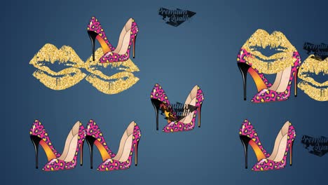 Animation-of-premium-quality-text-lips-and-high-heels-on-blue-background