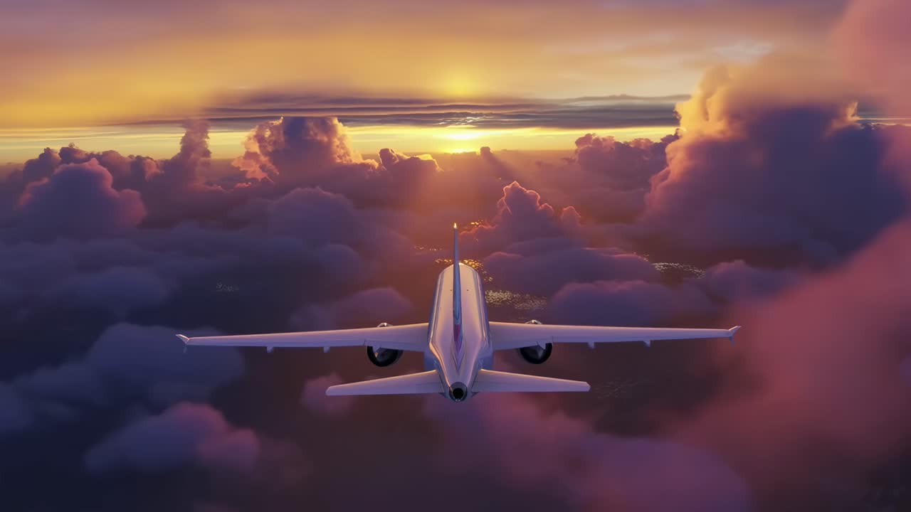 Aerial video view of a plane flying through vibrant sunset clouds, captured from behind