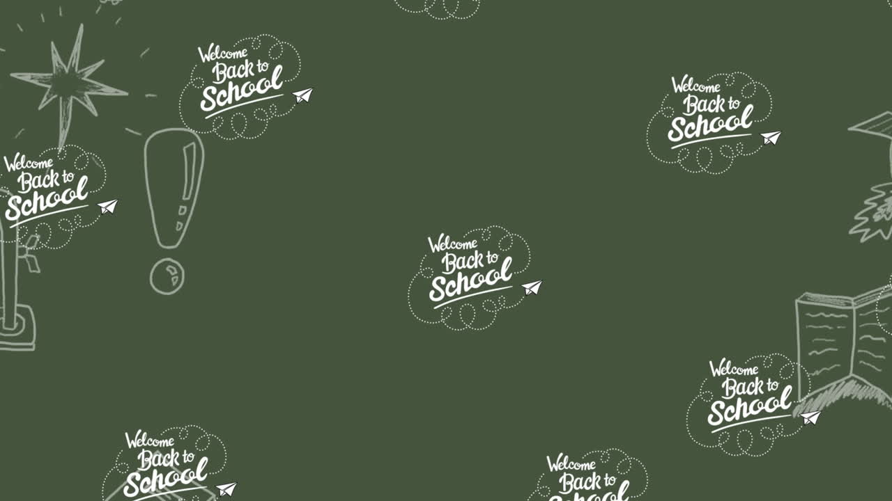 회색 배경에 매이지 않는 패턴과 아이콘으로 학교로 돌아가는 텍스트 배너의 애니메이션