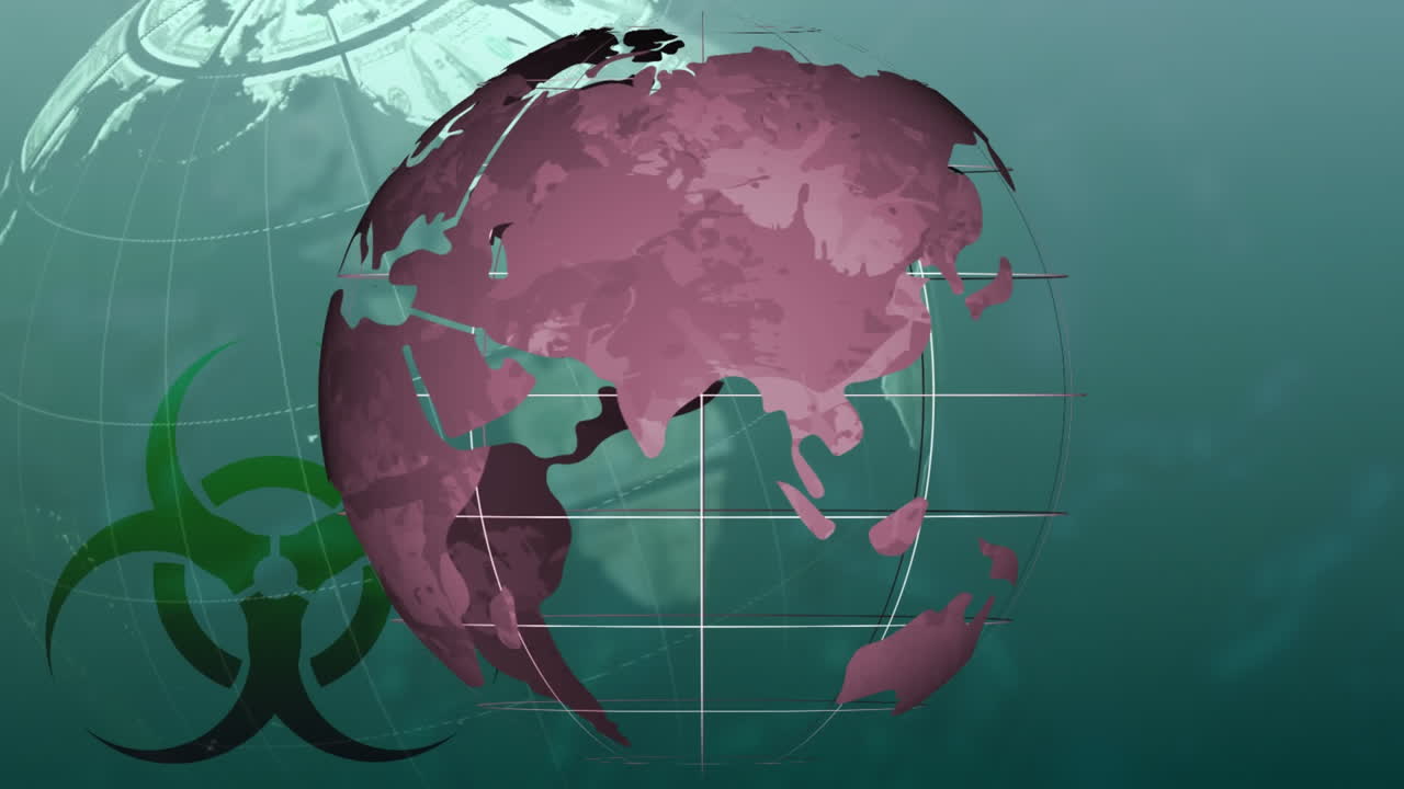 animación digital del símbolo de peligro biológico sobre dos globos giratorios contra un fondo verde