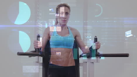 animation of statistics and data processing over woman using gym equipment