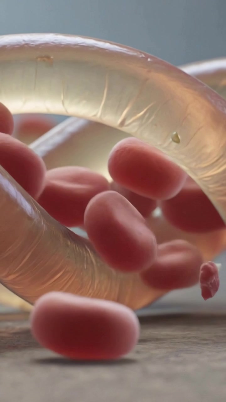 Video verticale: Un toroide morbido si inclina dopo una spinta, rilasciando palline rosa su un tavolo e assestandosi.