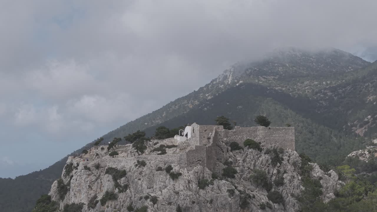 Aerial video exploring the medieval ruins of Monolithos Castle on Rhodes. The fortress sits dramatically on a cliff with panoramic views. Shot with 3x telephoto lens for cinematic depth.