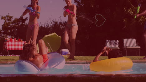 at poolside, people in swimsuits using inflatable toys spraying water playfully