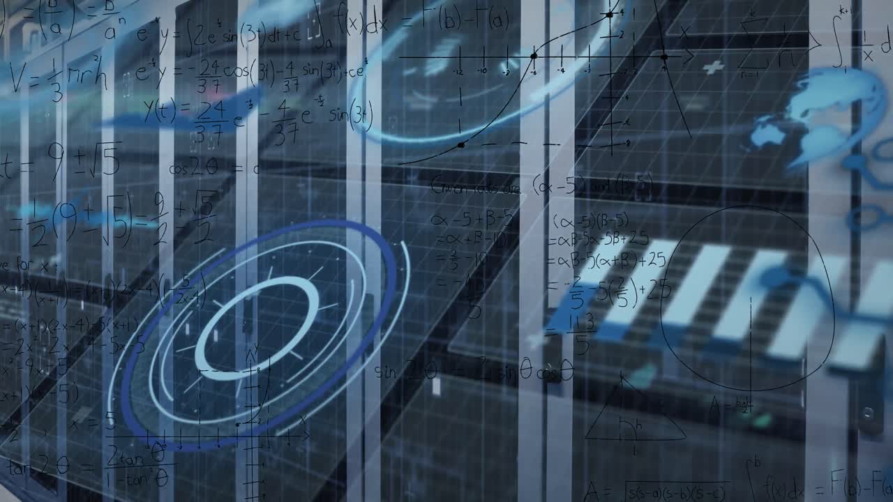 Animation of interface with data processing and mathematical equations against computer server room