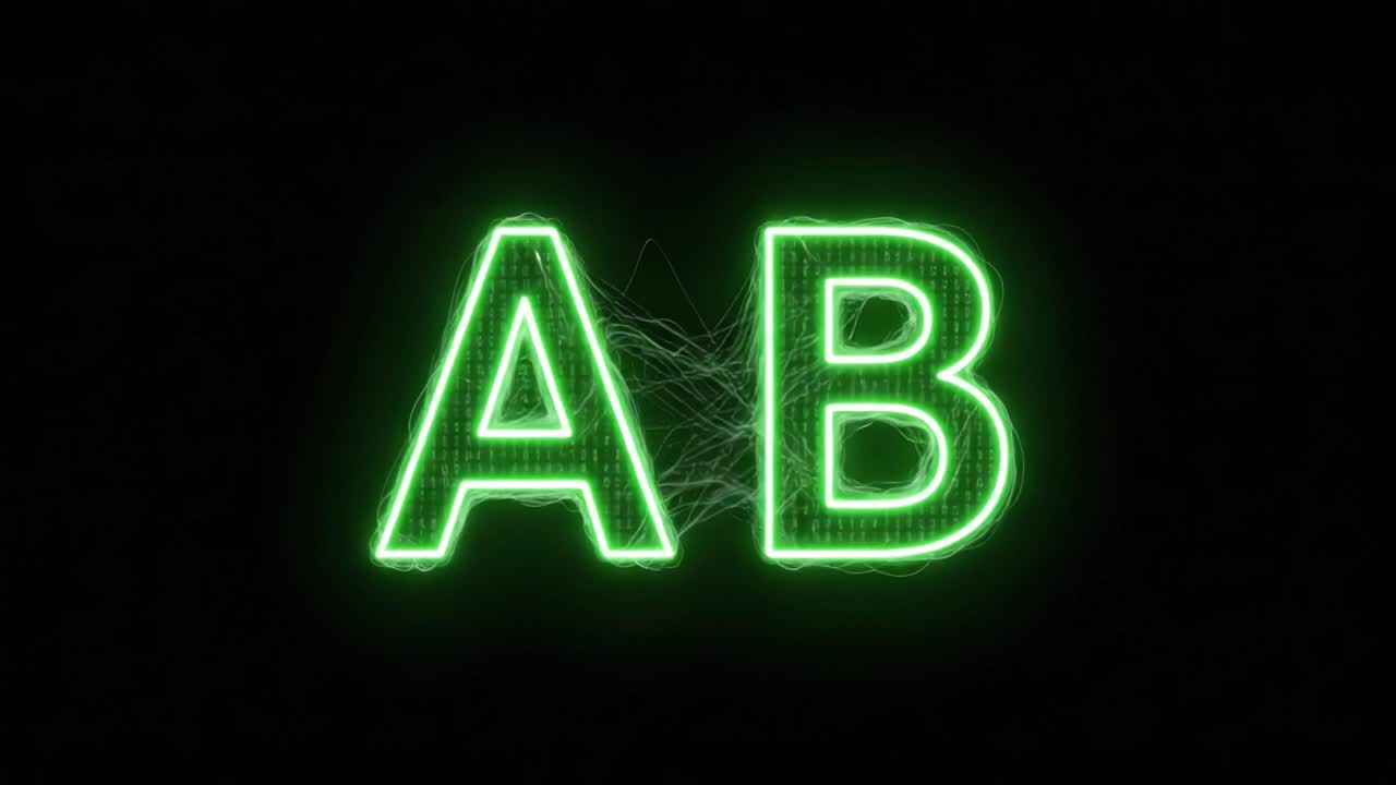 Dynamic Green Neon Letters 'A' and 'B' Pulsating Against a Dark Background, Showcasing a Futuristic Style with Vibrant Wireframe Effects