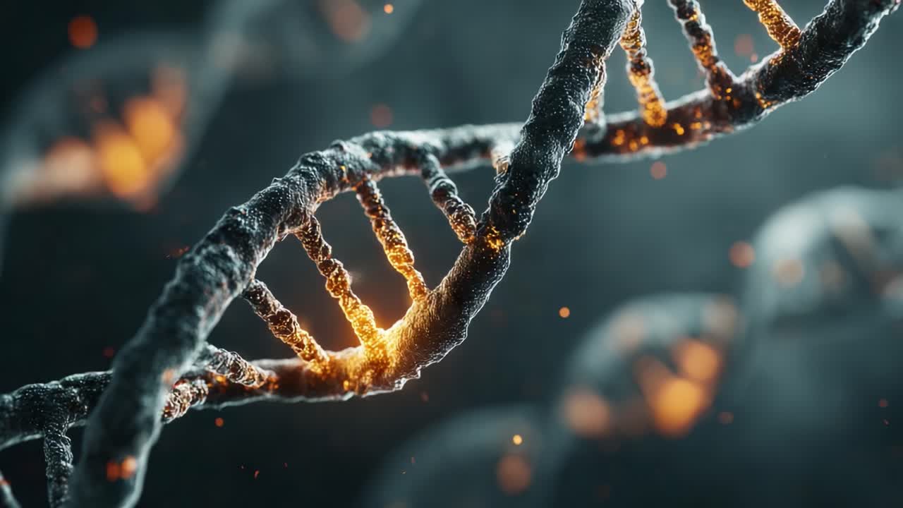 A Captivating Close-Up of DNA Structure Highlighting Its Intricacies and Glow, Revealing the Complexity of Genetic Material and Molecular Biology Dynamics