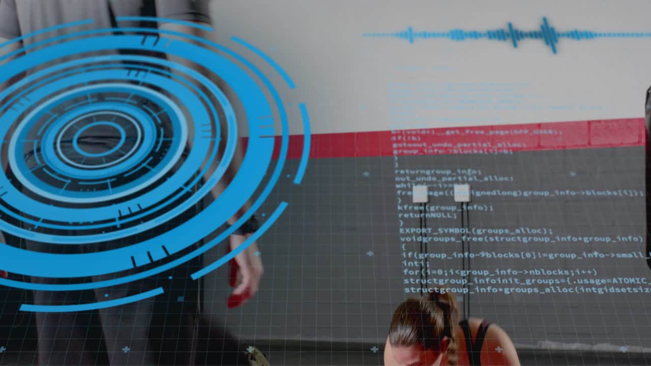 From plank right woman doing pushup, stretching, standing for workout blue HUD, code over red mats