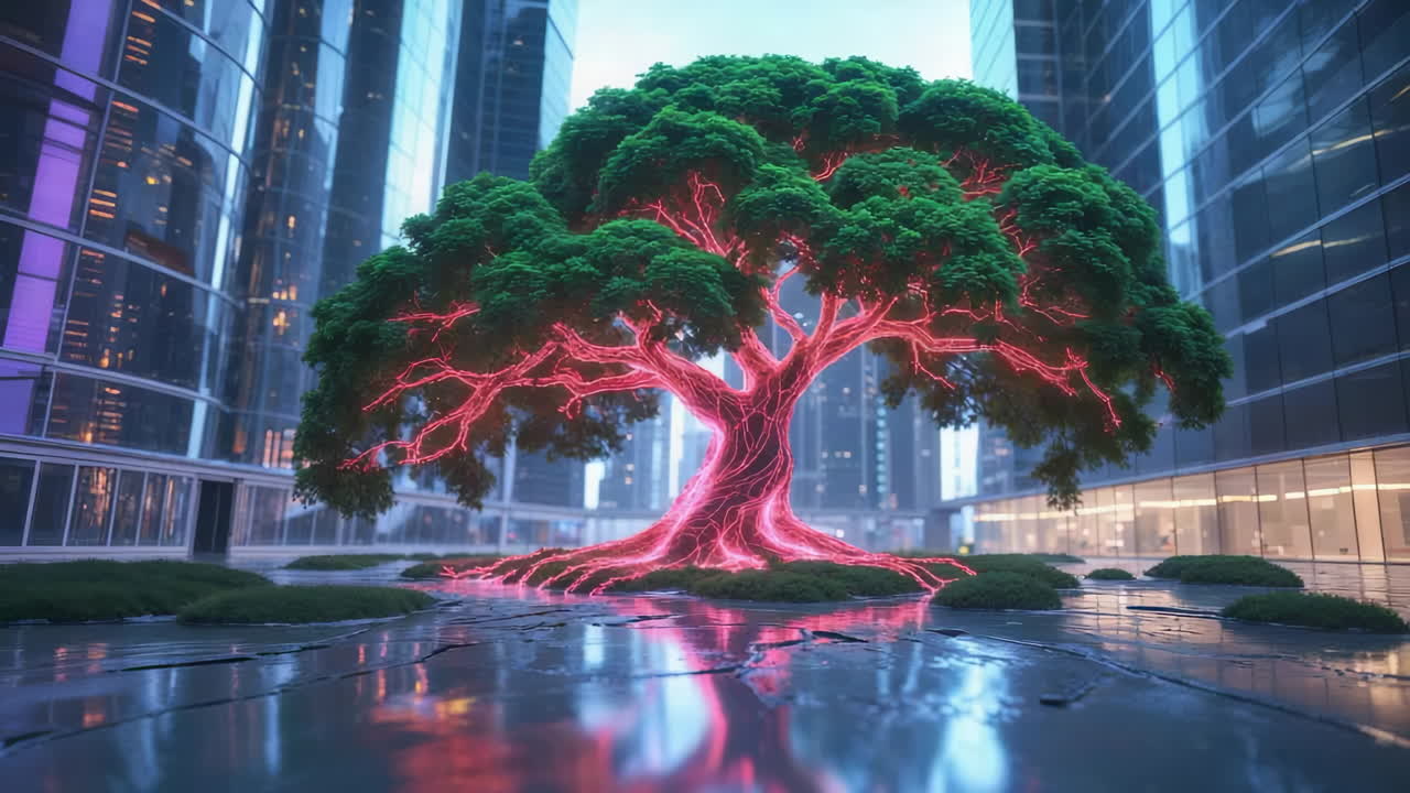 A glowing futuristic tree stands amidst a city skyline