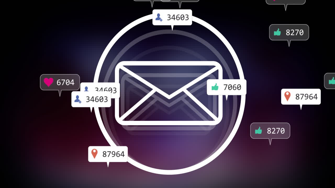 Animation of email icon with social media notifications and engagement metrics