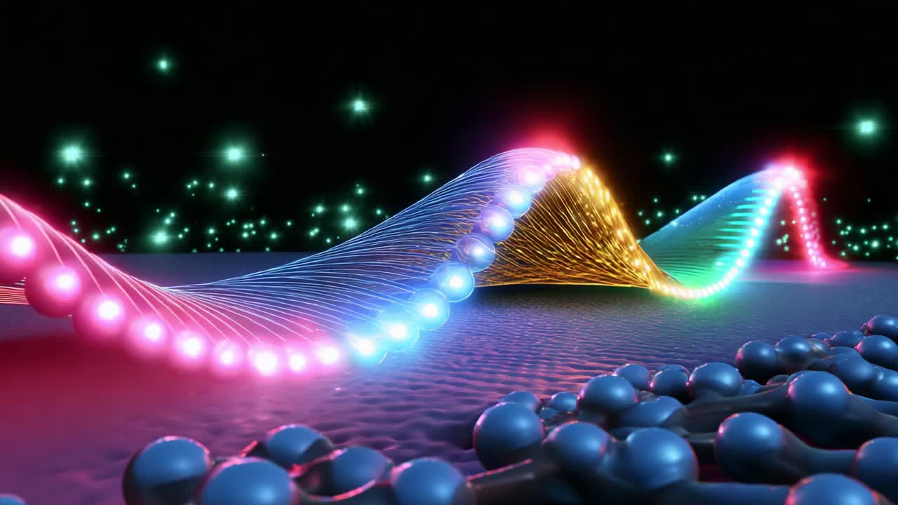 A Spectacular Visualization of Molecular Waves Emitting Brilliant Lights, Representing Intricate Structures at a Micro Level, Dazzling the View with Vibrant Colors and Dynamic Patterns, Emphasizing the Beauty of Science