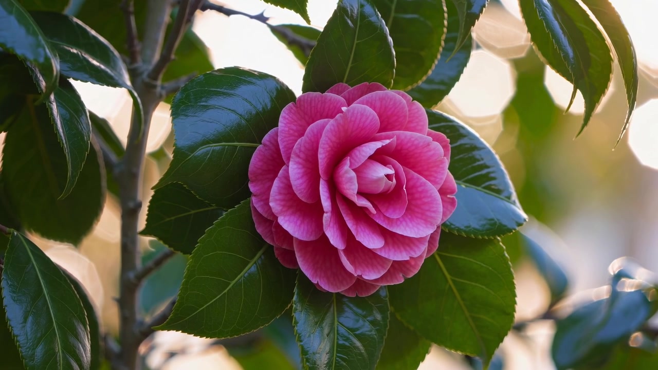 Hermosa flor de camelia rosa floreciendo en un jardín