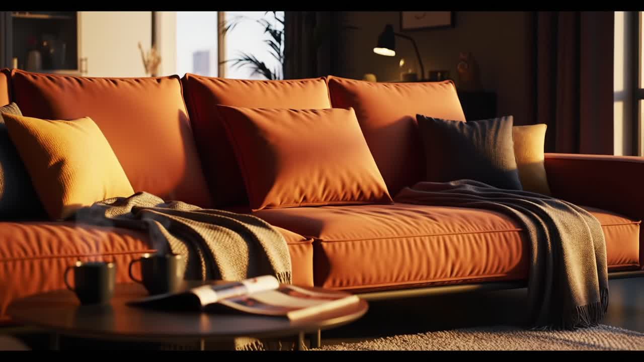 A serene living room scene featuring a luxurious orange sofa adorned with stylish cushions and a cozy throw, illuminated by warm natural light for a welcoming atmosphere