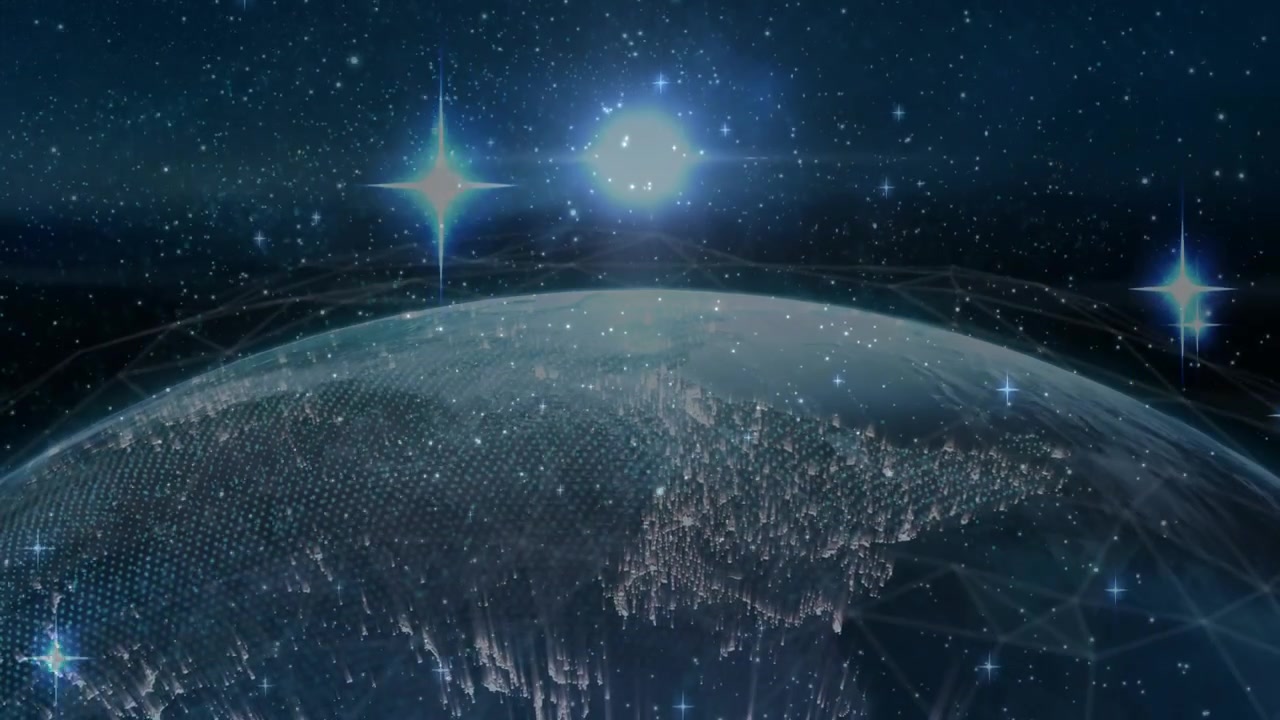 Stylized globe showing mesh dome and revealing data flow, bright orb rising, camera pulling back