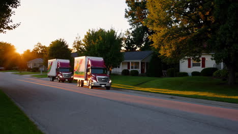 trucks on residential street at sunrise/sunset