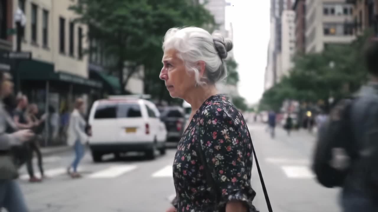Aging Gracefully: An Elderly Woman Pauses Contemplatively at a Busy Intersection, Reflecting Life's Journey Amidst the Urban Hustle and Bustle