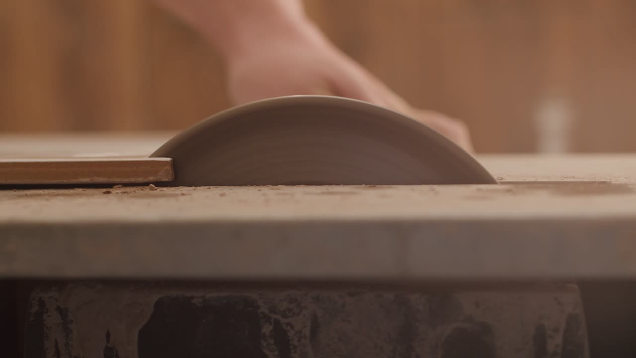 aserrar baldosas de cerámica en la máquina con las manos de los hombres. las manos guían las baldosas en una sierra circular y cortan con enfriamiento de agua, en la habitación