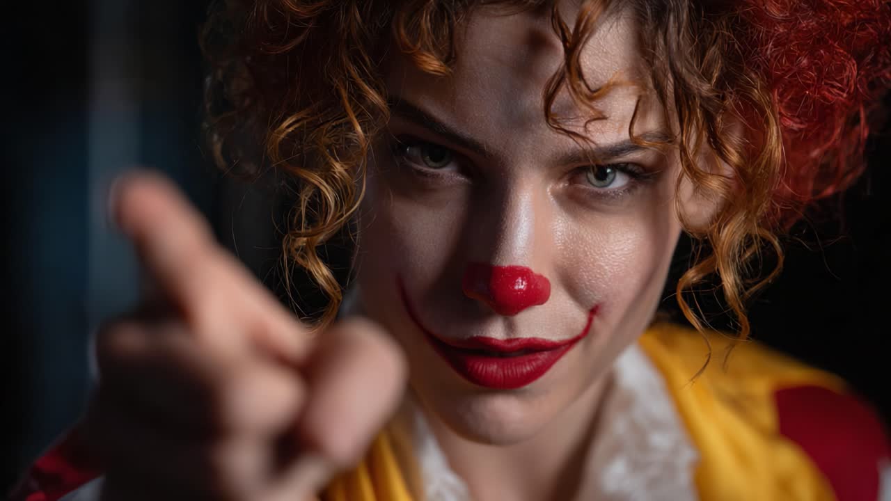 Primo piano di un clown audace con naso rosso e capelli ricci, che emana un'espressione enigmatica e misteriosa mentre indica lo spettatore, catturando l'attenzione