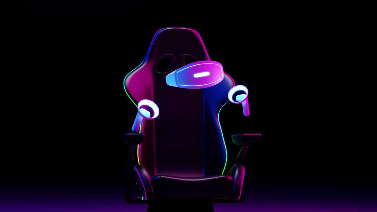 Gamer chair next to virtual reality goggles floating on neon background. 3d animation loop