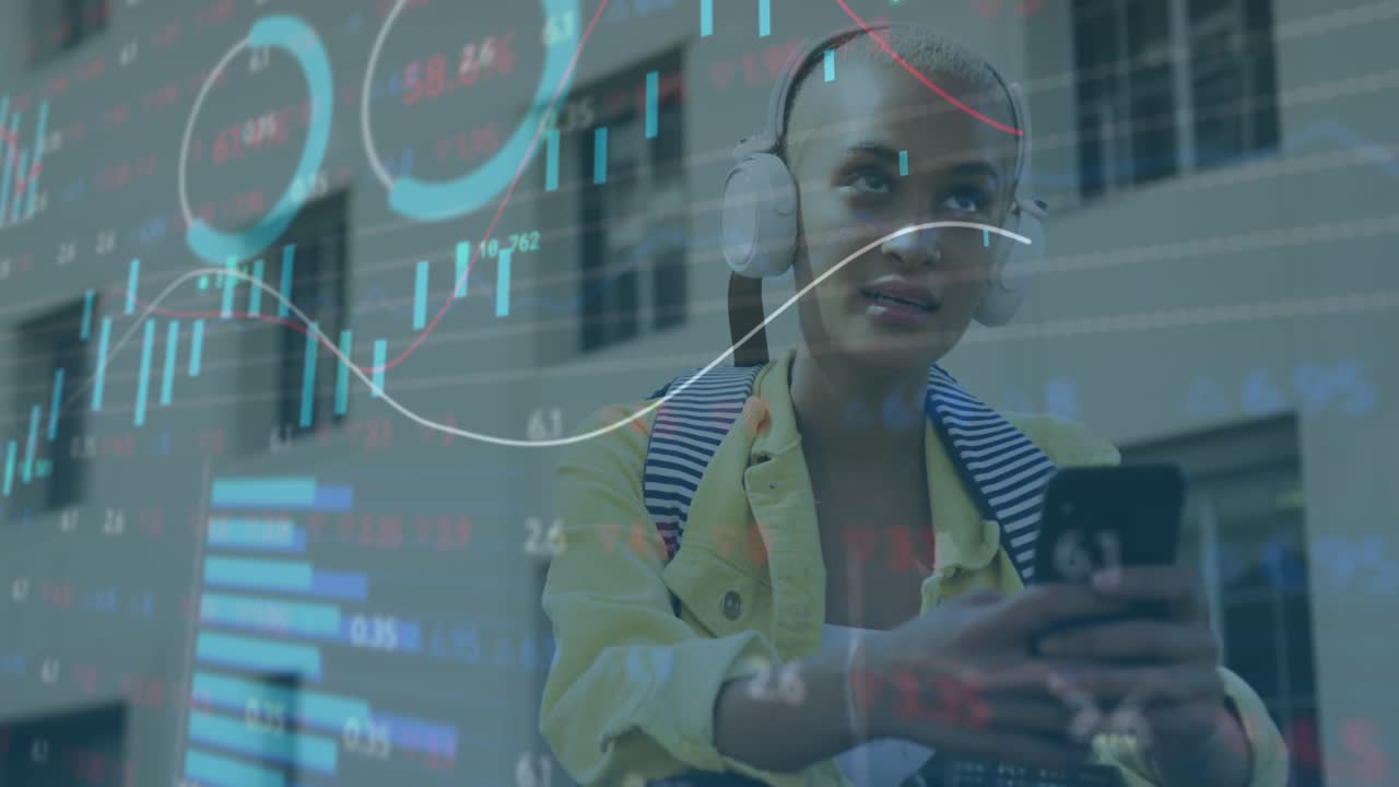 Animation of graphs, trading board, bald woman wearing headphone and listening to music