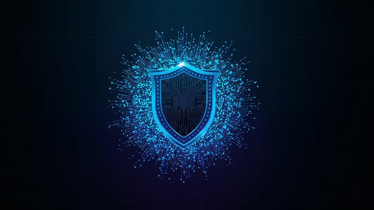 Pulsing cyan shield emblem starting halo, emitting radial lines and lighting circuit in cyberspace