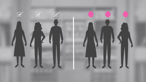 animation of people in line with or without virus thanks to social distancing