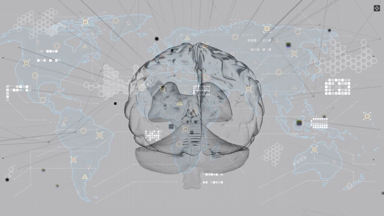Animation of brain over world map and icons on grey background
