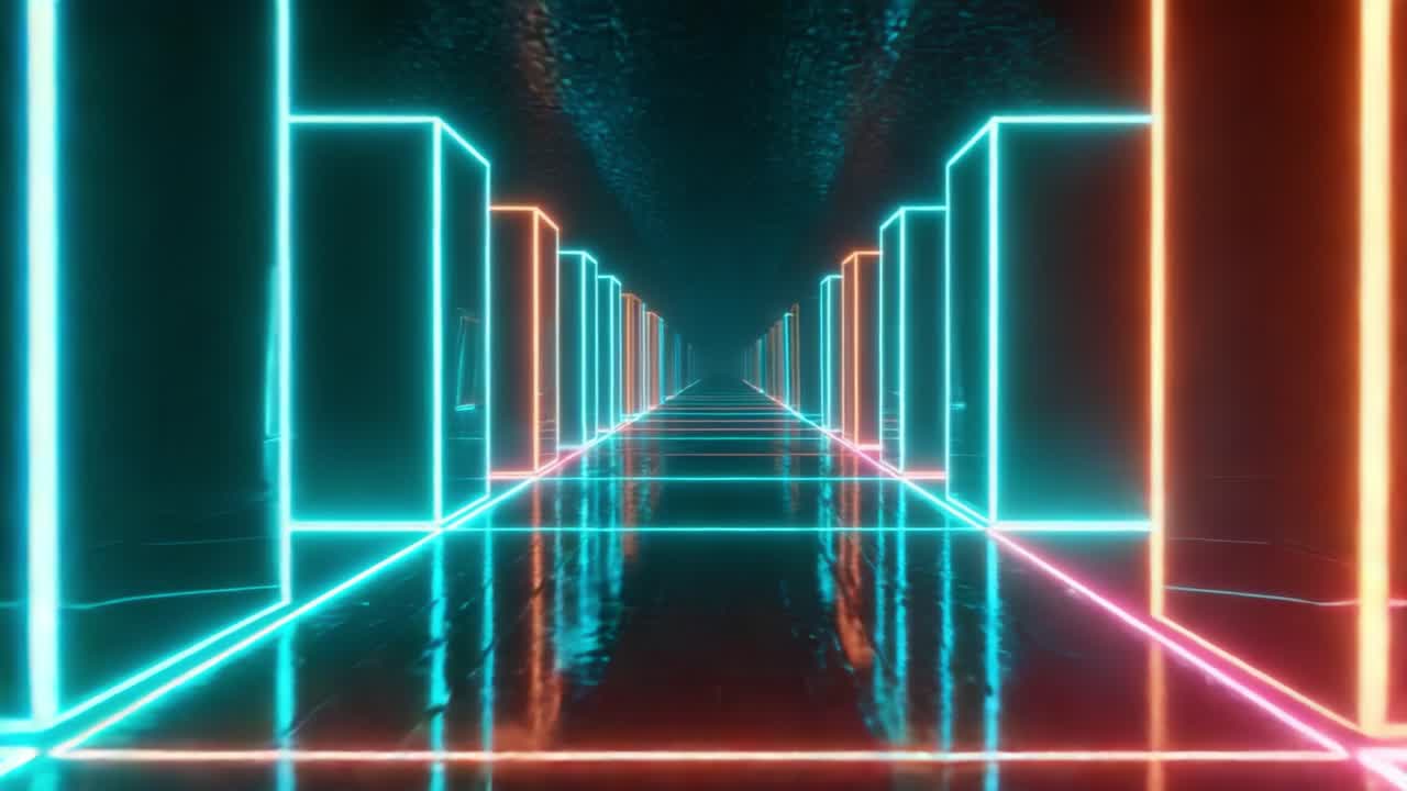 A stunning visual depiction of an abstract corridor lined with glowing neon boxes, showcasing vibrant colors of blue and pink, reflecting off a shiny surface in a futuristic environment