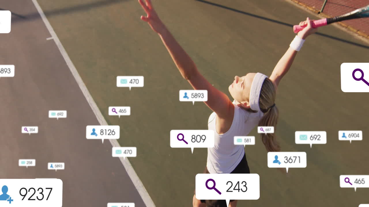 female tennis player serving ball on outdoor court, using sports technology with floating AR icons