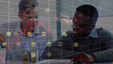 animation of financial data processing and globe over businessmen talking