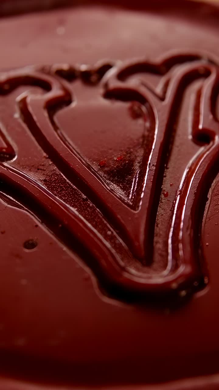 Video verticale: zoom della camera che mostra un dolce glassato di rosso evidenziando le linee a V tracciate su pergamena