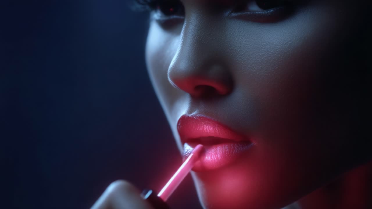 A Stunning Close-Up Portrait of a Glamorous Model Applying Lip Gloss, Captured with a Dark Blue and Red Background for a Dramatic and Elegant Visual Impact