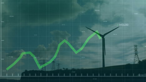 wind turbine silhouette being animated on hilltop with transmission towers and green line chart