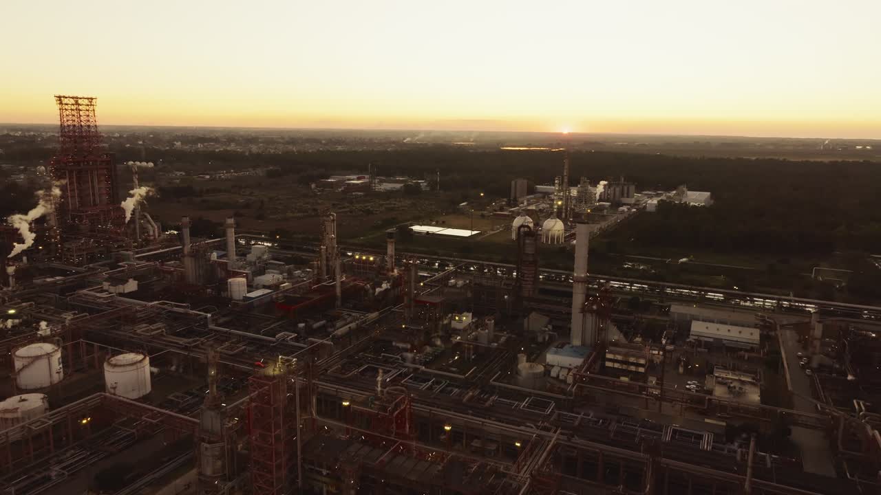Drone footage flying toward a large oil processing plant, gradually revealing the full industrial complex and its storage areas in greater detail